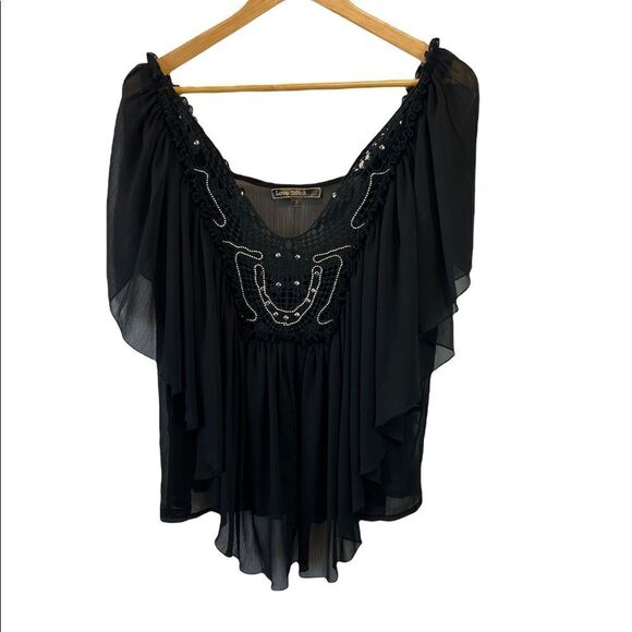 LOVE STITCH Black Flowy Embellished Deep Ab Flutter Sleeve Loose Fit Top S - Picture 1 of 8